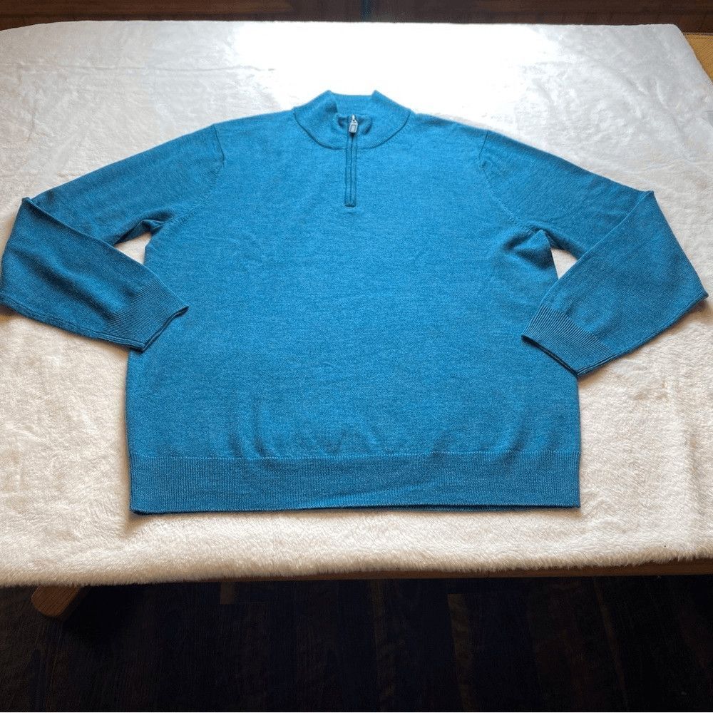 Jos A Bank Traveler's Collection Merino Wool 1/4 Zip Sweater Men L Teal Blue